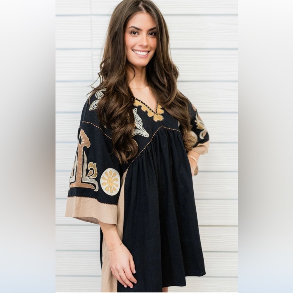 Easel Harmonic Bliss Embroidered Black and Brown Dress Size Large